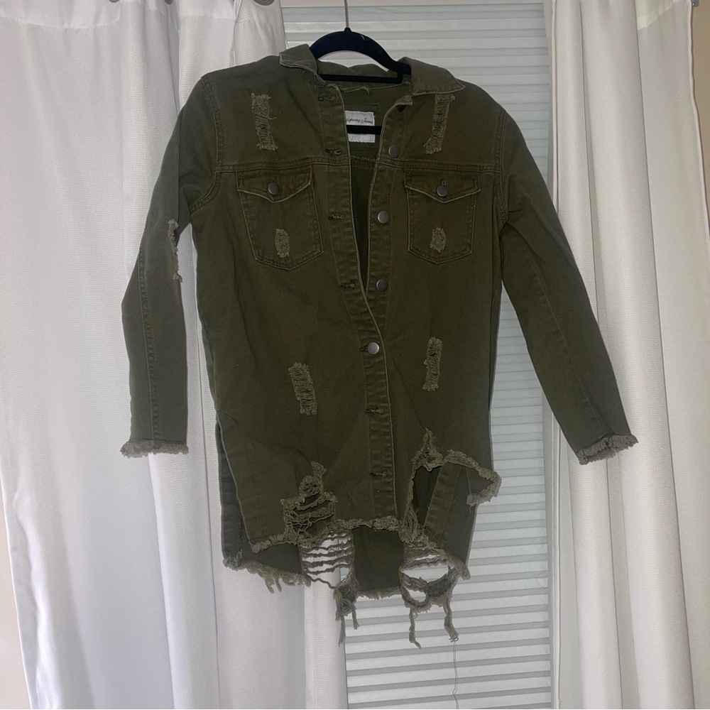 Olive Green Khaki Distressed Denim Jacket